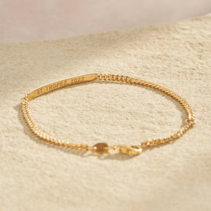 Our dainty Dana Bracelet can be customized with engraving on the inner and outer band of the bar