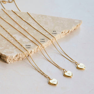 Figaro chain, cable chain, and box chain options for the engraved Eva Heart Necklace pendants
