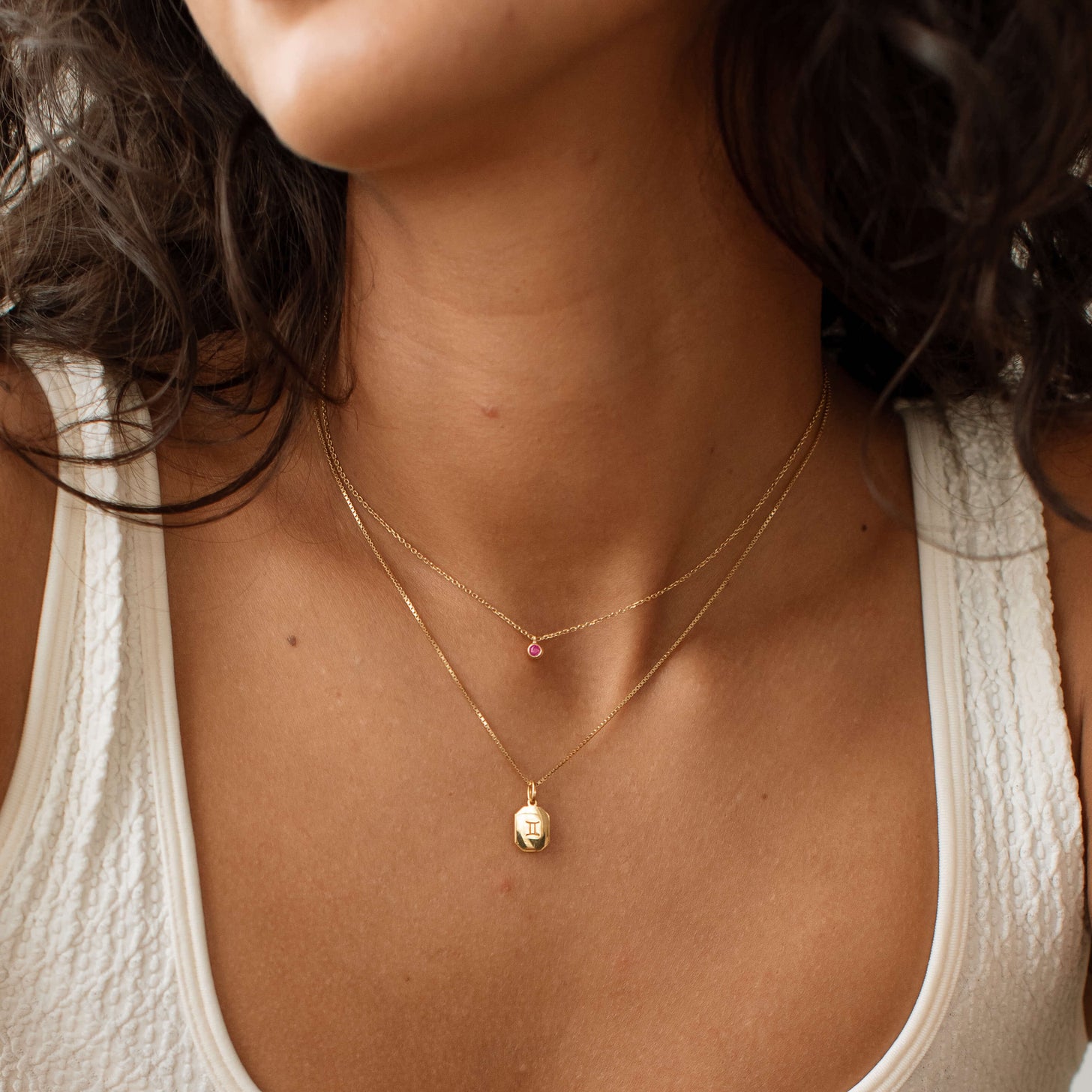 Model wears a garnet birthstone necklace, layered with a dog tag pendant necklace