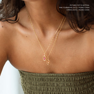 Model wears our Journey Birthstone Necklace with pink tourmaline and citrine birthstones