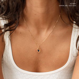 Sapphire teardrop birthstone necklace with a box chain