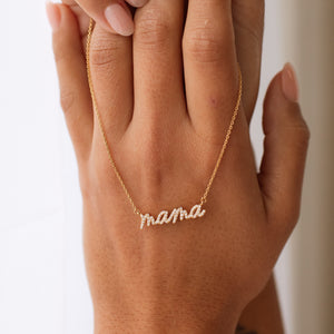 Necklace for mom with cubic zirconia stones and a handwritten script font on a gold chain