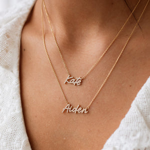 2 custom name necklaces with pave letters and script font