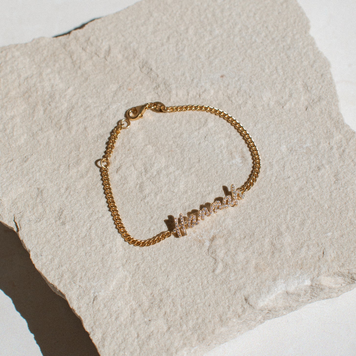 Pave script name bracelet with curb chain