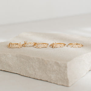 Examples of script name rings with pave cubic zirconia stones