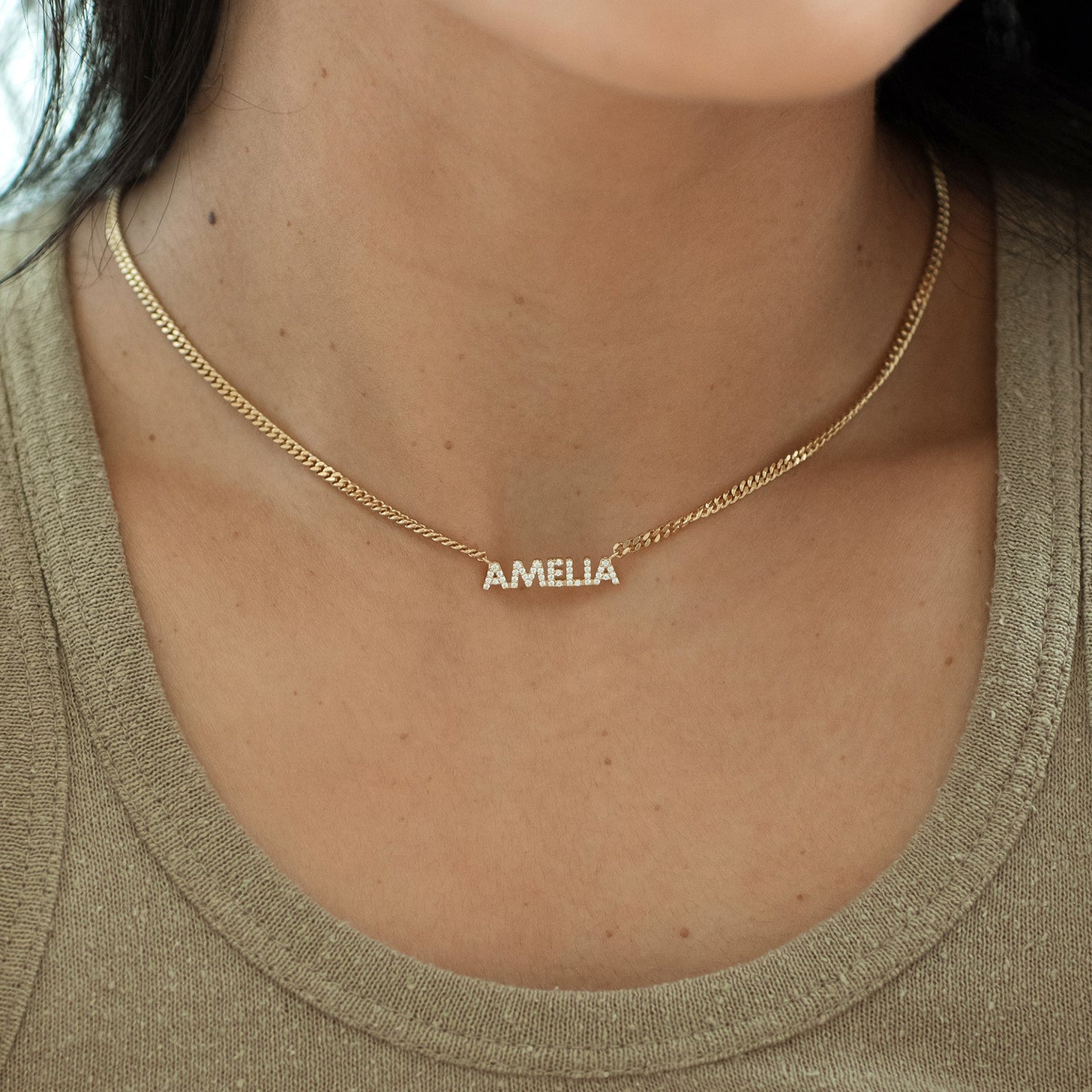 Custom gold name necklace with pave stone letters and curb chain