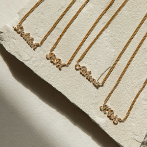 Name necklace, initial necklace, and number necklaces with personalized words and pave diamond letters. Available in gold, silver, and rose gold