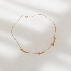 Full shot of Nelsey Multiple Name Necklace with figaro chain and spring clasp