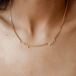 Model wearing 2-name Nita Multiple Name Necklace