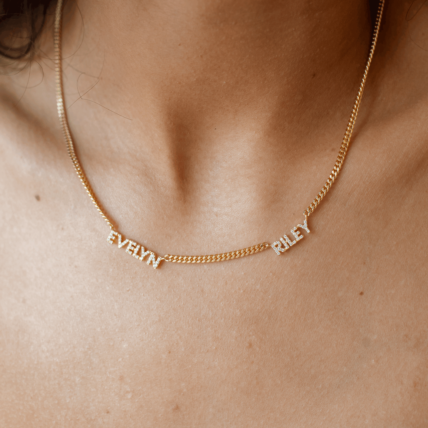 Model wearing 2-name Nita Multiple Name Necklace
