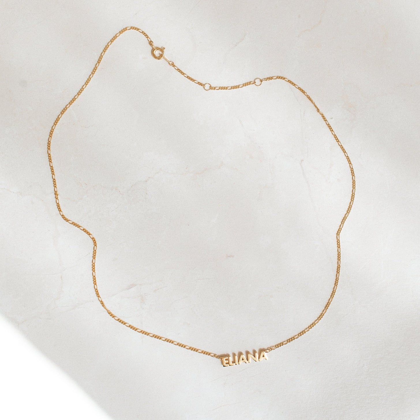 Full gold Noah Name Necklace with figaro chain and spring clasp