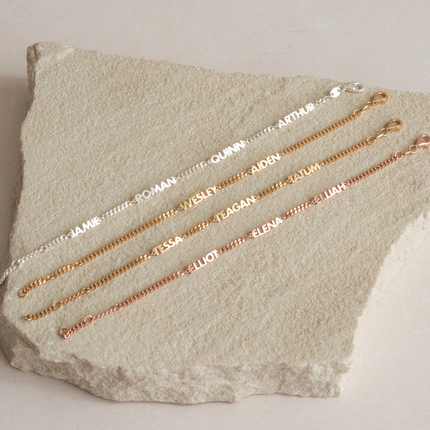 Examples of multiple name bracelets in gold, silver, and rose gold