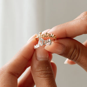 Gold and silver dainty name rings in cursive font