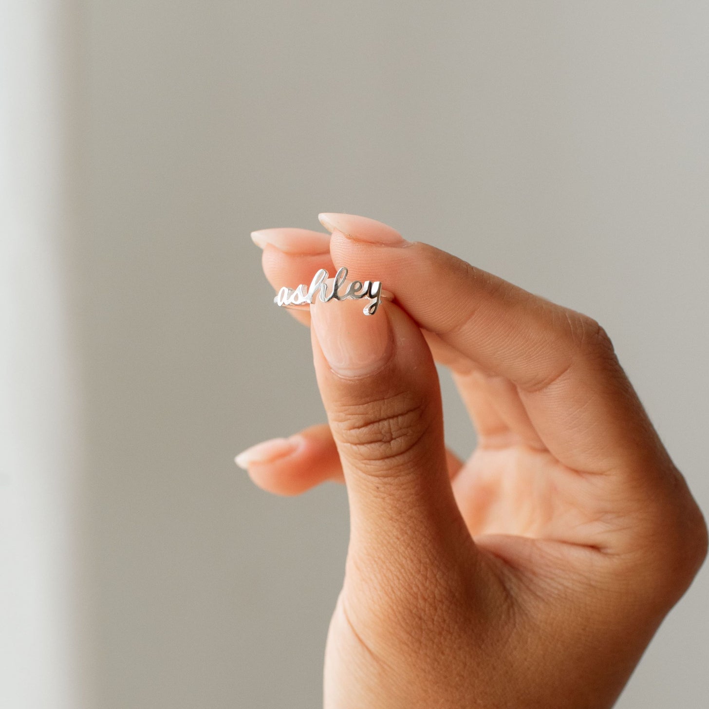 Silver custom name ring in handwritten font