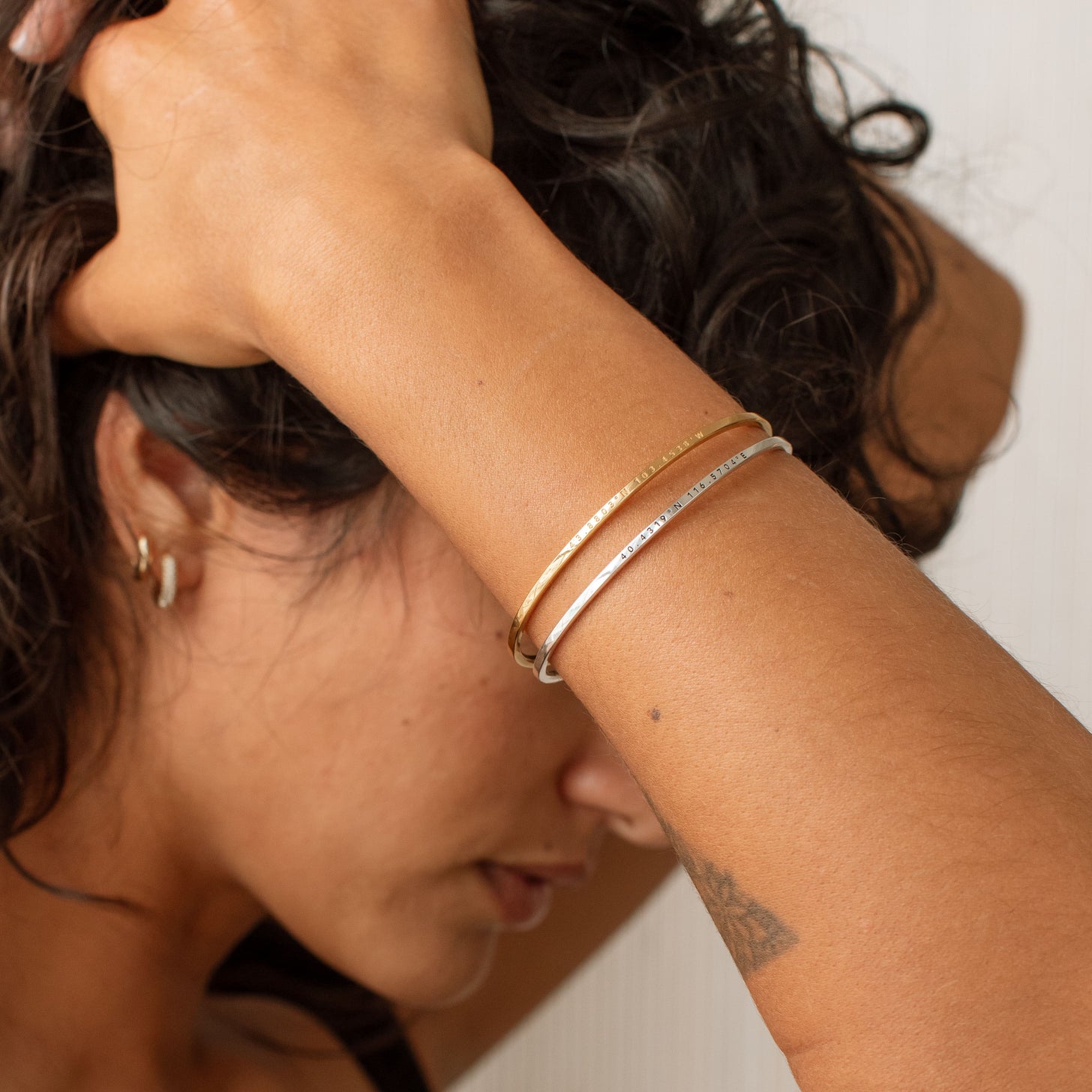 Gold and silver Rebecca Coordinate Cuff Bracelets with custom coordinates